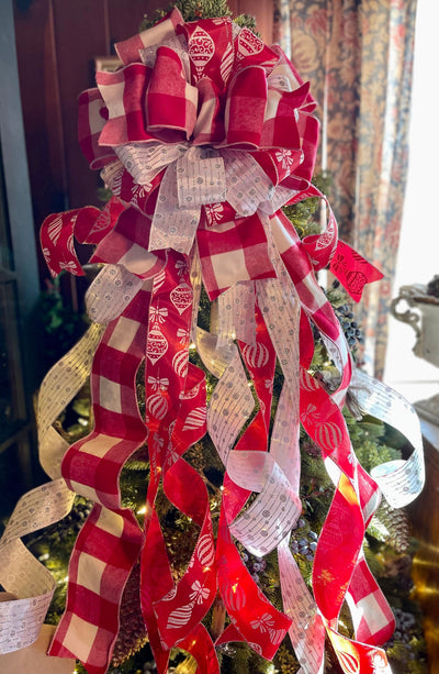 The Ruby Red Silver & White XL Christmas Tree Topper Bow, Tree trimming bow, long streamer bow, Ribbon topper, oversized bow