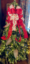 The Elizabeth Red & Cream Toile Christmas Tree Topper Bow, bow for wreaths, Elegant bow, Tree trimming bow, Long streamer classic bow