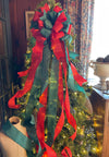 The Lisa Red & Green Christmas Tree Topper Bow, long streamer bow, Xmas bow, ribbon topper, tree trimming bow, Christmas decor, outdoor bow