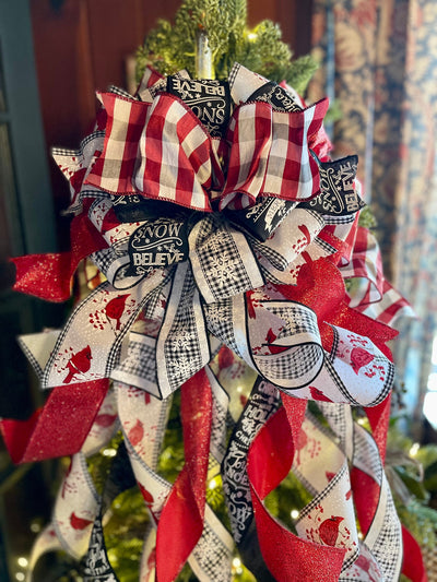 The Candice Red Black & White Cardinal Christmas Tree Topper Bow, XXL oversized Bow, Xmas check Bow, Farmhouse Cottage Bow, ribbon topper