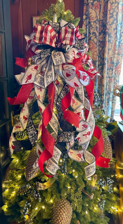 The Candice Red Black & White Cardinal Christmas Tree Topper Bow, XXL oversized Bow, Xmas check Bow, Farmhouse Cottage Bow, ribbon topper
