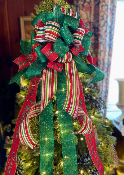 The Tiffany Red Green & White Christmas Tree Topper Bow, bow for lantern, bow for wreaths, long streamer bow, tree trimming bow