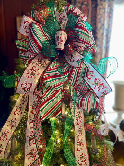 The Olga Red Mint Green & White Christmas Tree Topper Bow, Tree trimming bow, Xmas bow, whimsical bow, ribbon topper, long streamer bow