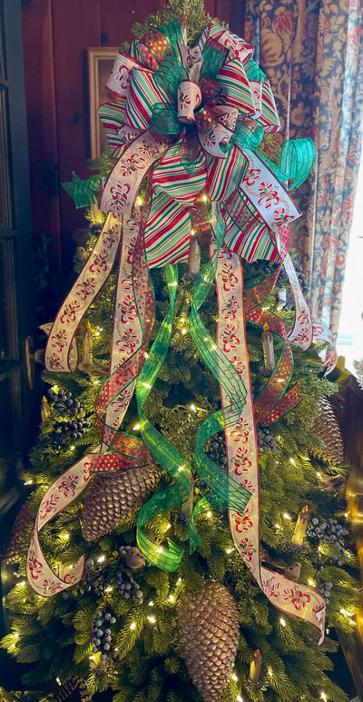 The Olga Red Mint Green & White Christmas Tree Topper Bow, Tree trimming bow, Xmas bow, whimsical bow, ribbon topper, long streamer bow