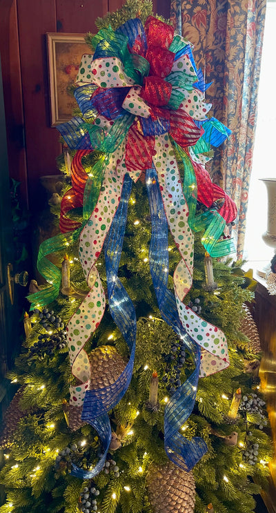 The Caitlin Red Green & Blue Christmas Tree Topper Bow, polka dot Bow, Xmas bow, rainbow bow, ribbon topper, tree trimming bow