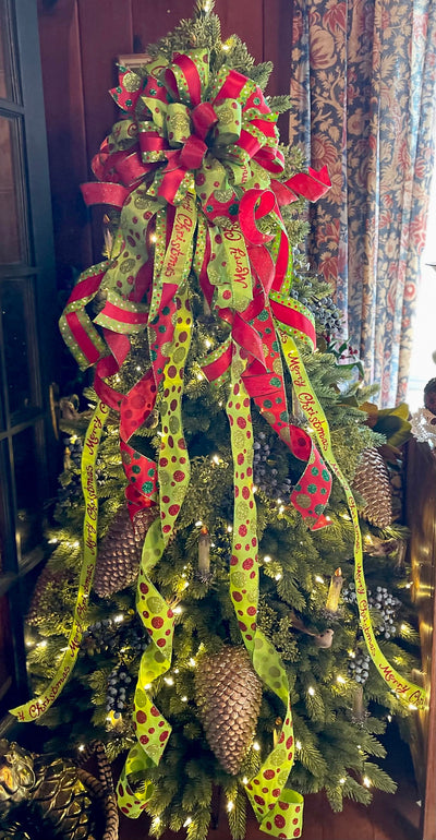 The Jovie Red & Lime Green Polka Dot Christmas Tree Topper Bow, bow for wreath, long streamer bow, Grinch bow, tree trimming