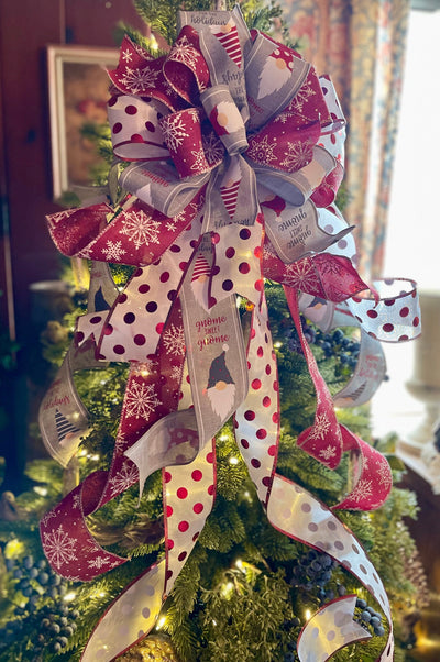 The Julia Cranberry Grey & White Christmas tree topper Bow, bow for lantern, bow for wreaths, long streamer bow for mailbox, christmas decor
