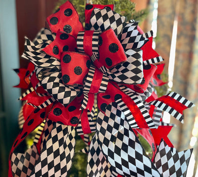 The Jules Red Black & White Christmas Tree Topper Bow, luxury ribbon topper, XL bow topper for christmas tree