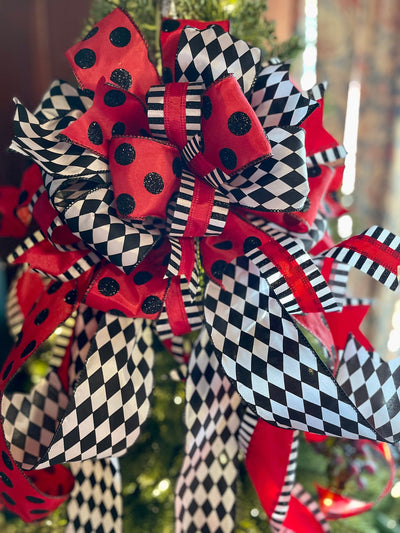The Jules Red Black & White Christmas Tree Topper Bow, luxury ribbon topper, XL bow topper for christmas tree