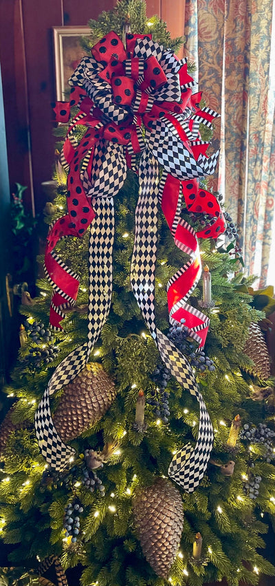 The Jules Red Black & White Christmas Tree Topper Bow, luxury ribbon topper, XL bow topper for christmas tree