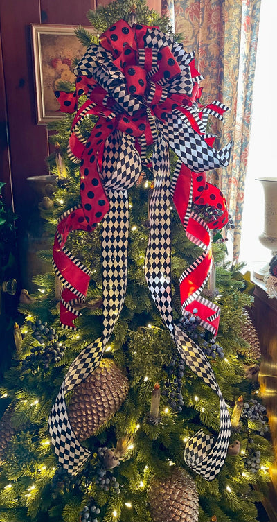 The Jules Red Black & White Christmas Tree Topper Bow, luxury ribbon topper, XL bow topper for christmas tree