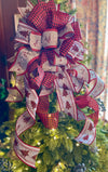 The Barbara Red Black & Gray Christmas Tree Topper Bow, Extra long Bow, Xmas plaid, Farmhouse Cottage Bow, ribbon topper, tree trimming bow