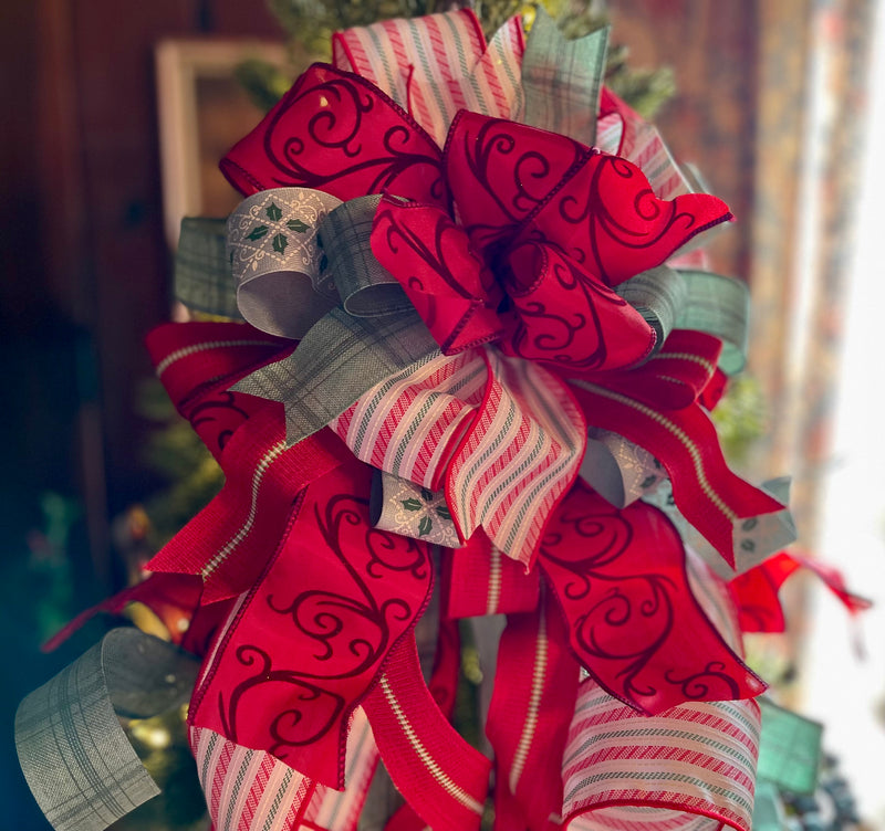 The Vivianne Red & Sage Green Christmas Tree Topper Bow, victorian christmas bow, Winter bow, English cottage ribbon, tree trimming bow