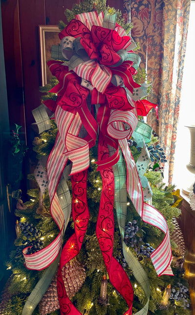The Vivianne Red & Sage Green Christmas Tree Topper Bow, victorian christmas bow, Winter bow, English cottage ribbon, tree trimming bow
