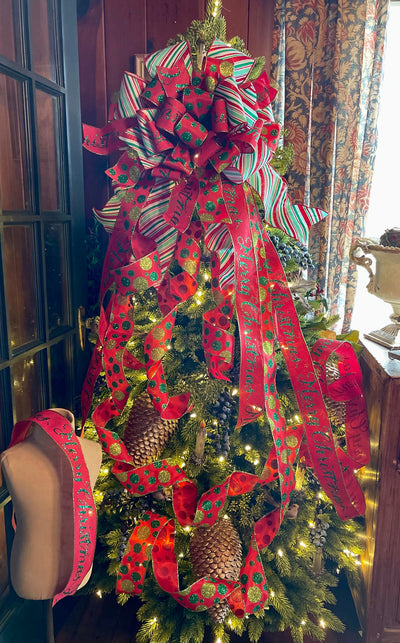 The Beverly Red white & Green XXXL Christmas Tree Topper Bow, Christmas tree trimming bow, XL long streamer bow, christmas decor