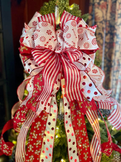 The Ginger Red & White Gingerbread Christmas Tree Topper Bow, Tree trimming bow, long streamer bow, Ribbon topper, XL bow, peppermint bow
