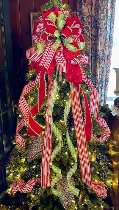 The Margaret Red Lime Green & White Christmas Tree Topper Bow, Tree trimming bow, Xmas bow, whimsical bow, ribbon topper, long streamer bow