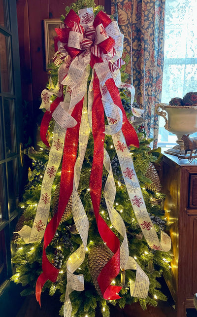 The Ilsa Red Silver & White XL Snowflake Christmas Tree Topper Bow, Tree trimming bow, long streamer bow, Ribbon topper, oversized bow