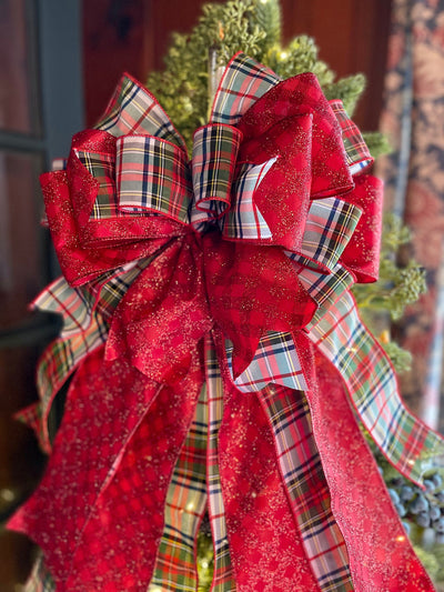 The Adele Red & Navy Plaid Christmas Tree Topper Bow, Luxury Bow, Xmas plaid, Traditional tartan bow for tree, Large ribbon topper