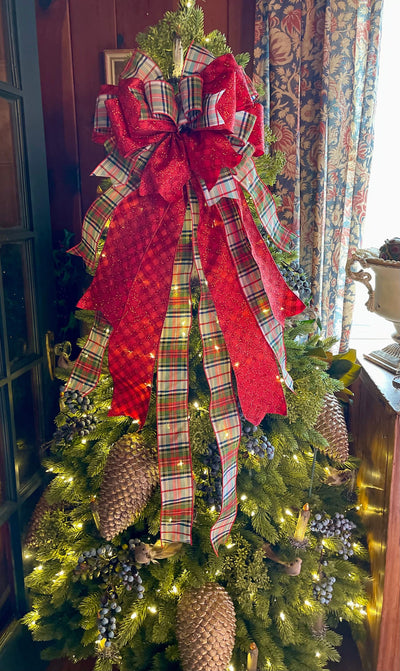 The Adele Red & Navy Plaid Christmas Tree Topper Bow, Luxury Bow, Xmas plaid, Traditional tartan bow for tree, Large ribbon topper