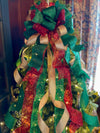 The Eleanor Red Green & Gold Christmas Tree Topper Bow, Bow topper for christmas tree, Xmas bow, ribbon tree topper, tree trimming bow
