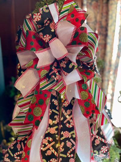 The Betsy Red Black Green & White Christmas Tree Topper Bow, Tree trimming bow, Xmas bow, whimsical bow, ribbon topper, long streamer bow