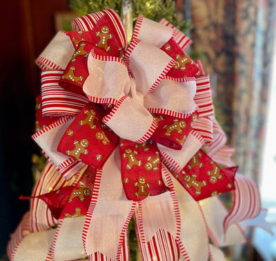 The Cookie Red & White Gingerbread Christmas Tree Topper Bow, Tree trimming bow, long streamer bow, Ribbon topper, XL bow, peppermint bow