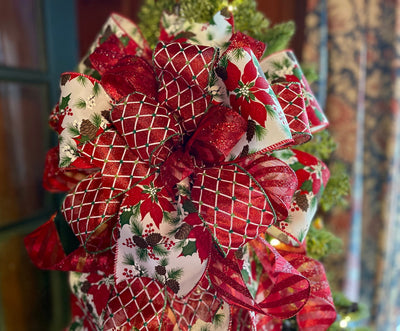 The Queenie Red white & green XXL Christmas Tree Topper Bow, Christmas tree trimming bow, long streamer bow, christmas decor