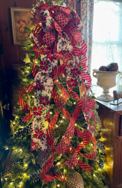 The Queenie Red white & green XXL Christmas Tree Topper Bow, Christmas tree trimming bow, long streamer bow, christmas decor