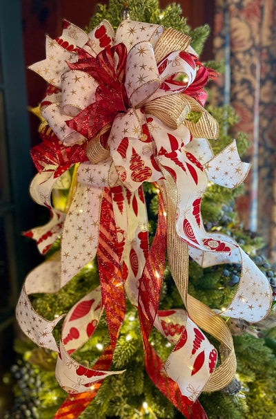 The Marietta Red White & Gold Christmas Tree Topper Bow, Tree trimming bow, Ribbon topper, retro bow, lantern bow, swag bow