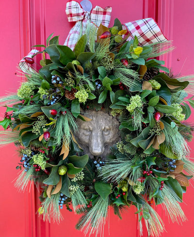 The Theodore Rustic Red Evergreen Bear Christmas Wreath For Front Door, lodge Pine wreath, berry winter wreath, elegant oversized wreath