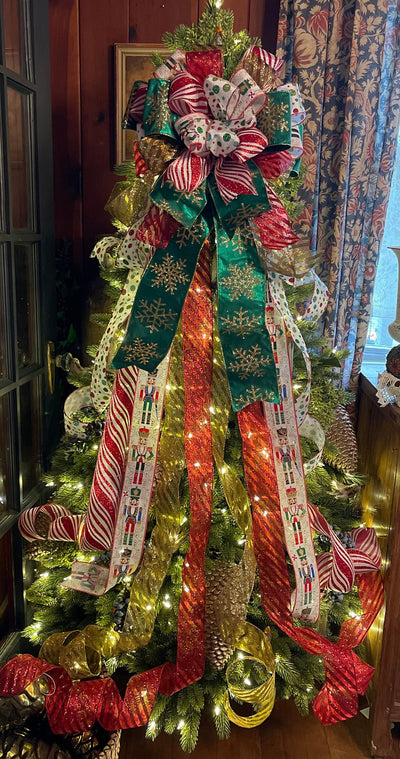 The Bethany Red Gold & Green Nutcracker XXL Christmas Tree Topper Bow, Christmas tree trimming bow, XL long streamer bow, christmas decor