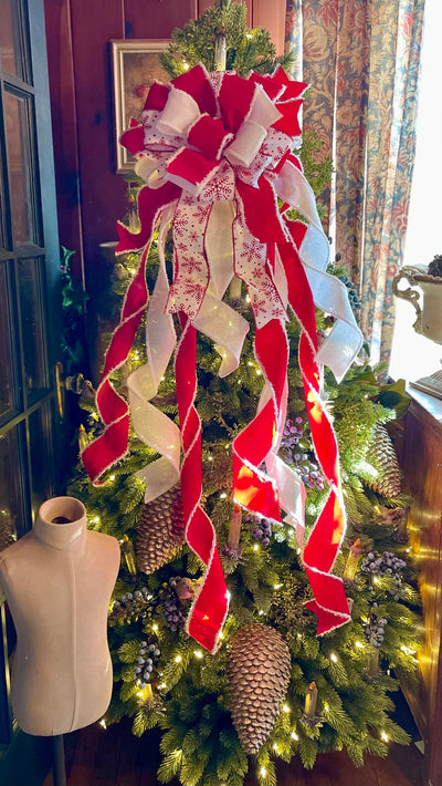 The Robin Red & White Snowflake Christmas Tree Topper Bow, Winter Bow for wreath, Xmas snowflake Bow, Farmhouse Bow, ribbon topper