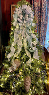 The Lily Sage Green & Silver Christmas Tree Topper Bow, wreath bow, Xmas bow, winter Bow, ribbon topper, tree trimming bow
