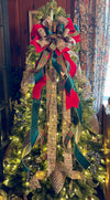 The Casey Red Green & gold Christmas Tree Topper Bow, tree trimming bow, bow for wreath, long streamer bow, cottage bow, modern farmhouse