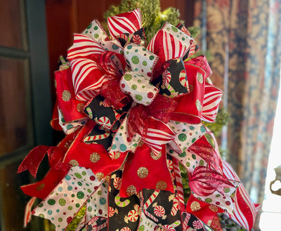 The Bonnie Red Black Green & White Christmas Tree Topper Bow, Tree trimming bow, Xmas bow, whimsical bow, ribbon topper, long streamer bow