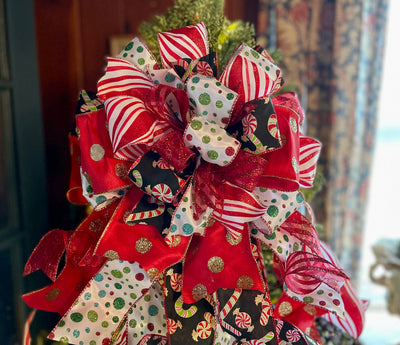 The Bonnie Red Black Green & White Christmas Tree Topper Bow, Tree trimming bow, Xmas bow, whimsical bow, ribbon topper, long streamer bow
