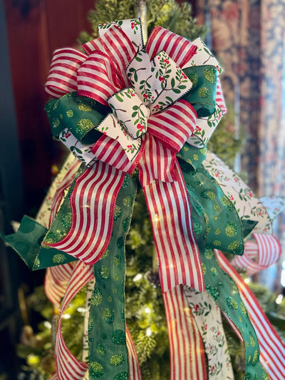 The Denise Red Green & White Christmas Tree Topper Bow, cottage bow, modern farmhouse, long streamer, Xmas tree bow, tree trimming bow
