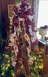 The Chelsey Red Black & White Cardinal Christmas Tree Topper Bow, XXL oversized Bow, Xmas check Bow, Farmhouse Cottage Bow, ribbon topper
