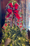 The Christine Red Black Green & White Christmas Tree Topper Bow, Cottage style bow, bow for wreath, luxury ribbon bow, bow for tree