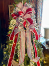The Catherine Red Green & White Christmas Tree Topper Bow, cottage bow, modern farmhouse, long streamer, Xmas tree bow, tree trimming bow