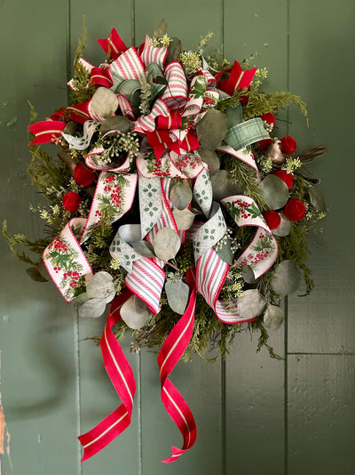 The Anais Winter Rustic Sage green Christmas Wreath For Front Door, Cottage Eucalyptus & berry wreath, scandi Xmas wreath