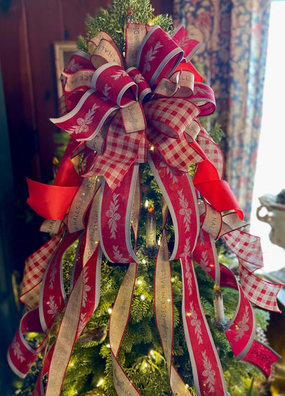The Charity Beige & Red Christmas Tree Topper Bow, XL Bow, Xmas plaid, bow for tree, ribbon topper, modern farmhouse bow