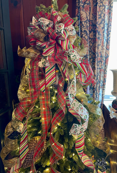 The Gillian XL Red Green & Gold Plaid Christmas Tree Topper Bow, Extra long Bow, Xmas plaid, Farmhouse Cottage Bow, ribbon topper