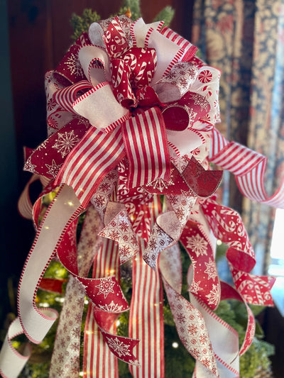 The Tina Red & White Peppermint Christmas Tree Topper Bow, Tree trimming bow, long streamer bow, XL bow, Candy cane bow, snowflake bow