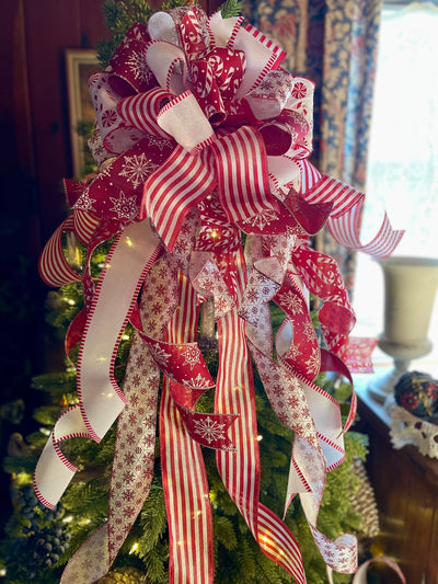 The Tina Red & White Peppermint Christmas Tree Topper Bow, Tree trimming bow, long streamer bow, XL bow, Candy cane bow, snowflake bow