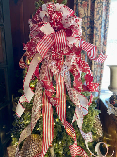 The Tina Red & White Peppermint Christmas Tree Topper Bow, Tree trimming bow, long streamer bow, XL bow, Candy cane bow, snowflake bow