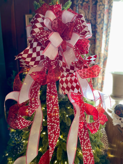 The Kimberly Red & White Peppermint Christmas Tree Topper Bow, Tree trimming bow, long streamer bow, XL bow, Candy cane bow, snowflake bow
