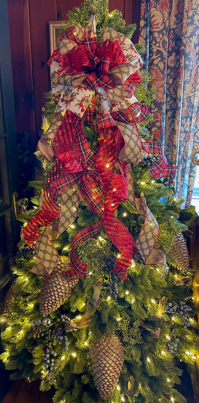 The Sharon Red & Green Christmas Tree Topper Bow