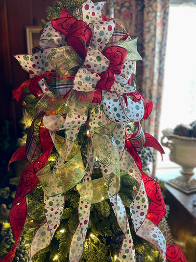 The Sue Ellen Red White & Green Whimsical Christmas Tree Topper Bow, XL Tree bow, long streamer bow, Grinch bow, tree trimming bow